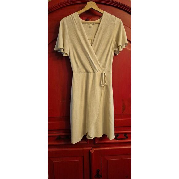 Monteau Los Angeles Size Small Rayon Linen Blend Faux Wrap Dress Ivory Tan EUC - Picture 1 of 4